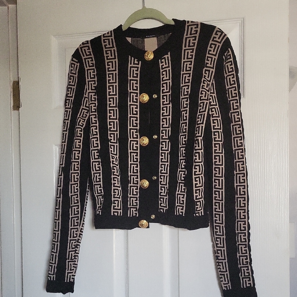 Balmain Black and Beige Logo-Trim Knit Cardigan with Gold Button